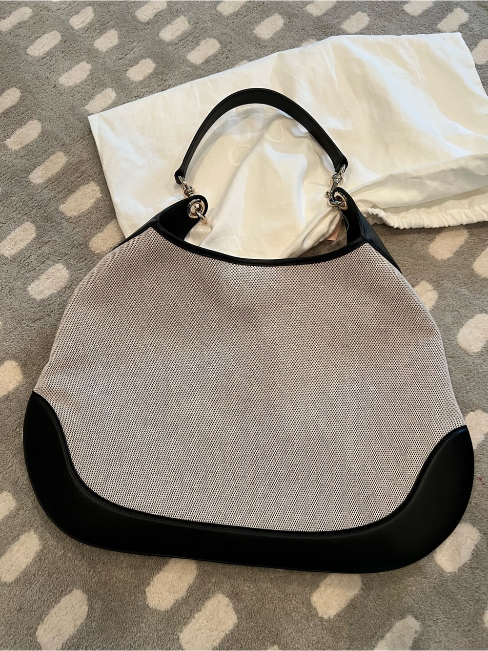 Gucci Beige B Bag Canvas Shoulder Bag with Black Leather Trim